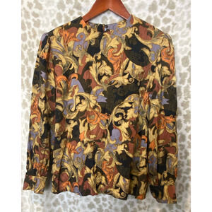 Vintage Wayne Kastning for Helga Black Floral 100% Silk Long Sleeve Blouse